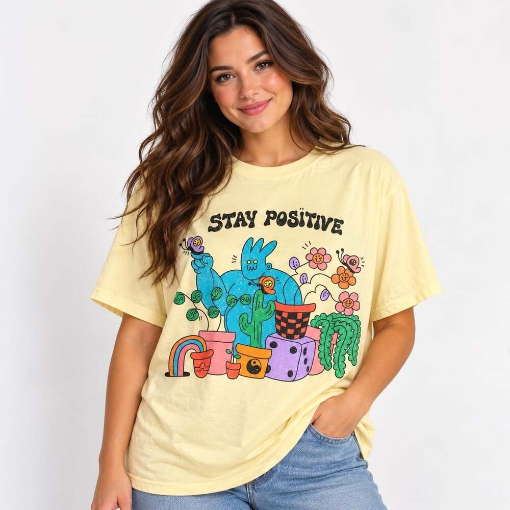 Urban Outfitters Dreyfus Stay Positive Graphic T-Shirt Yellow Oversized NWT T36